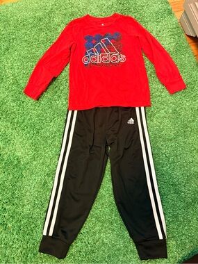 adidas Red Long-Sleeve Logo Top with Black 3-Stripe Joggers